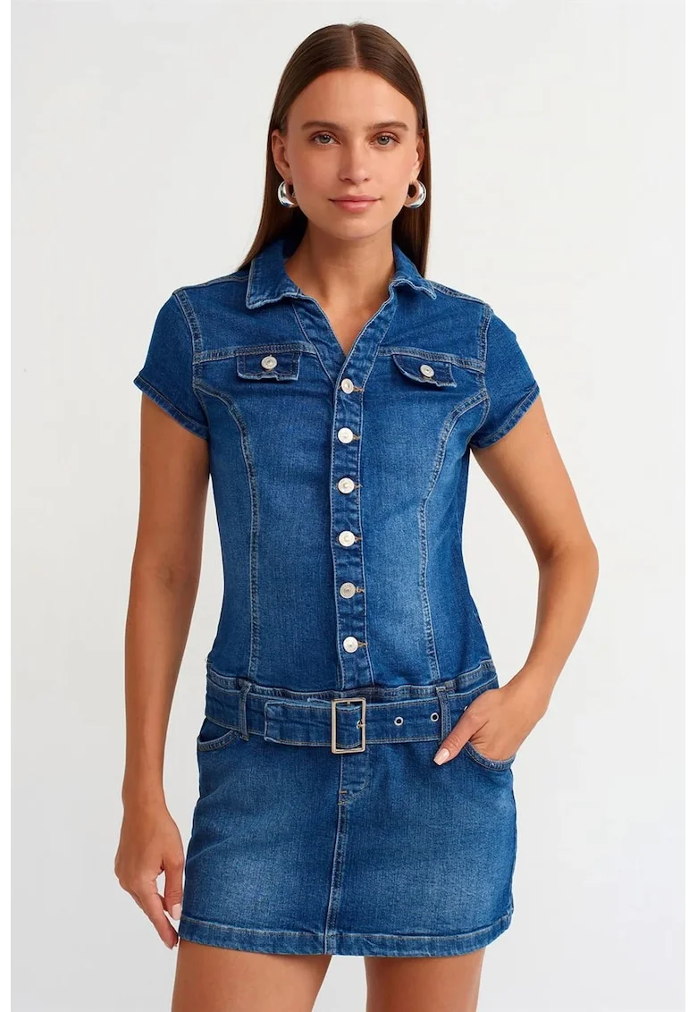 Rochie Mini,  Denim Albastru Mediu, casual, cu curea, maneca scurta, guler