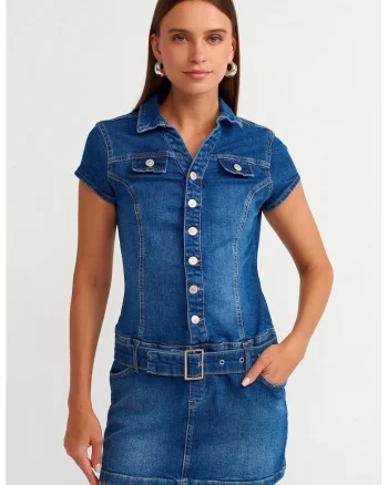 Rochie Mini,  Denim Albastru Mediu, casual, cu curea, maneca scurta, guler