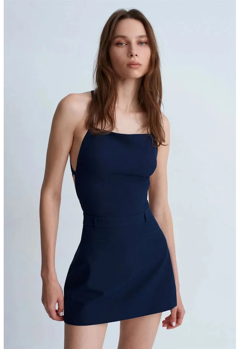 Rochie Mini Femei  Albastru Marin, Croiala Mulata, Decolteu Patrat, Detaliu Decupat, Amestec Poliester/Viscoza/Elastan