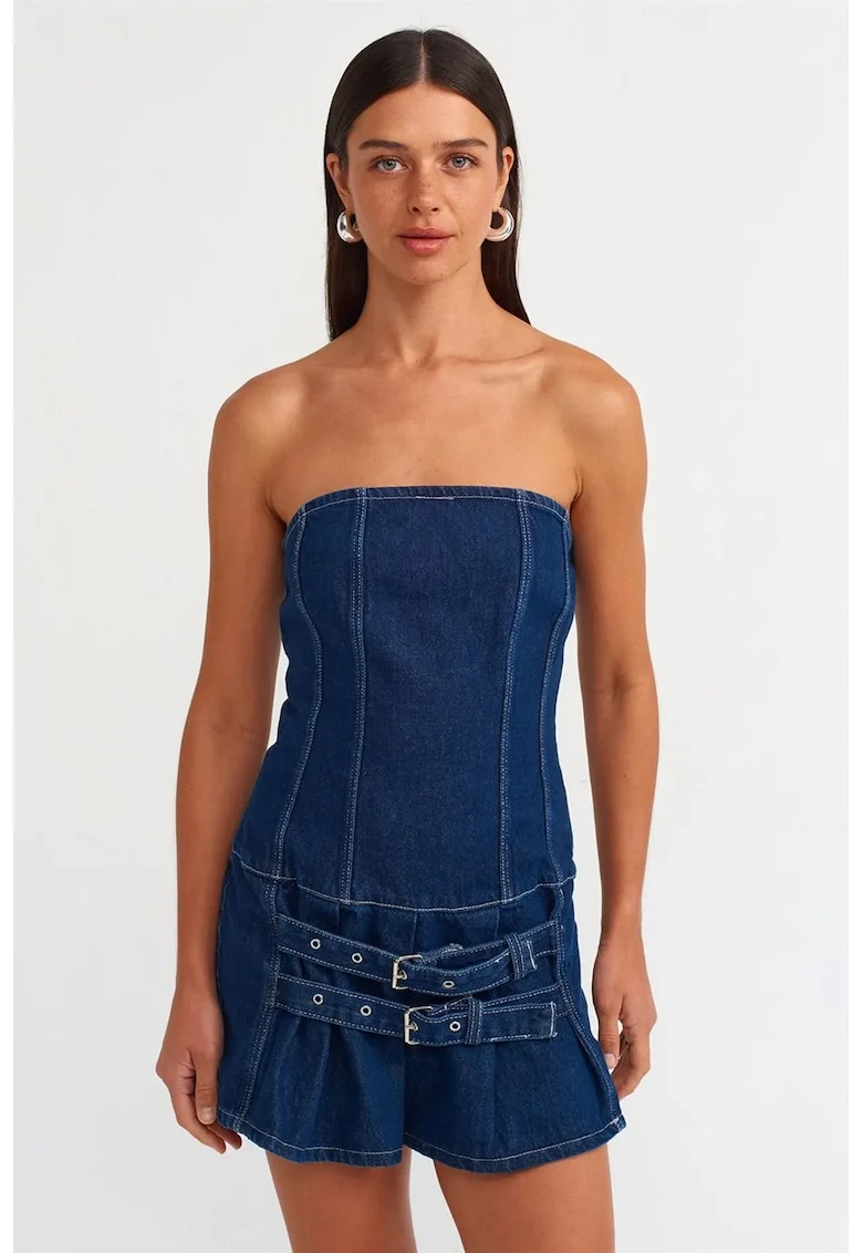 Rochie Mini,  Denim Albastru Mediu, Casual, Fara Bretele, Cu Curea