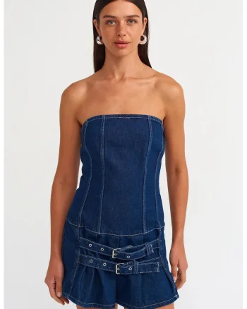 Rochie Mini,  Denim Albastru Mediu, Casual, Fara Bretele, Cu Curea