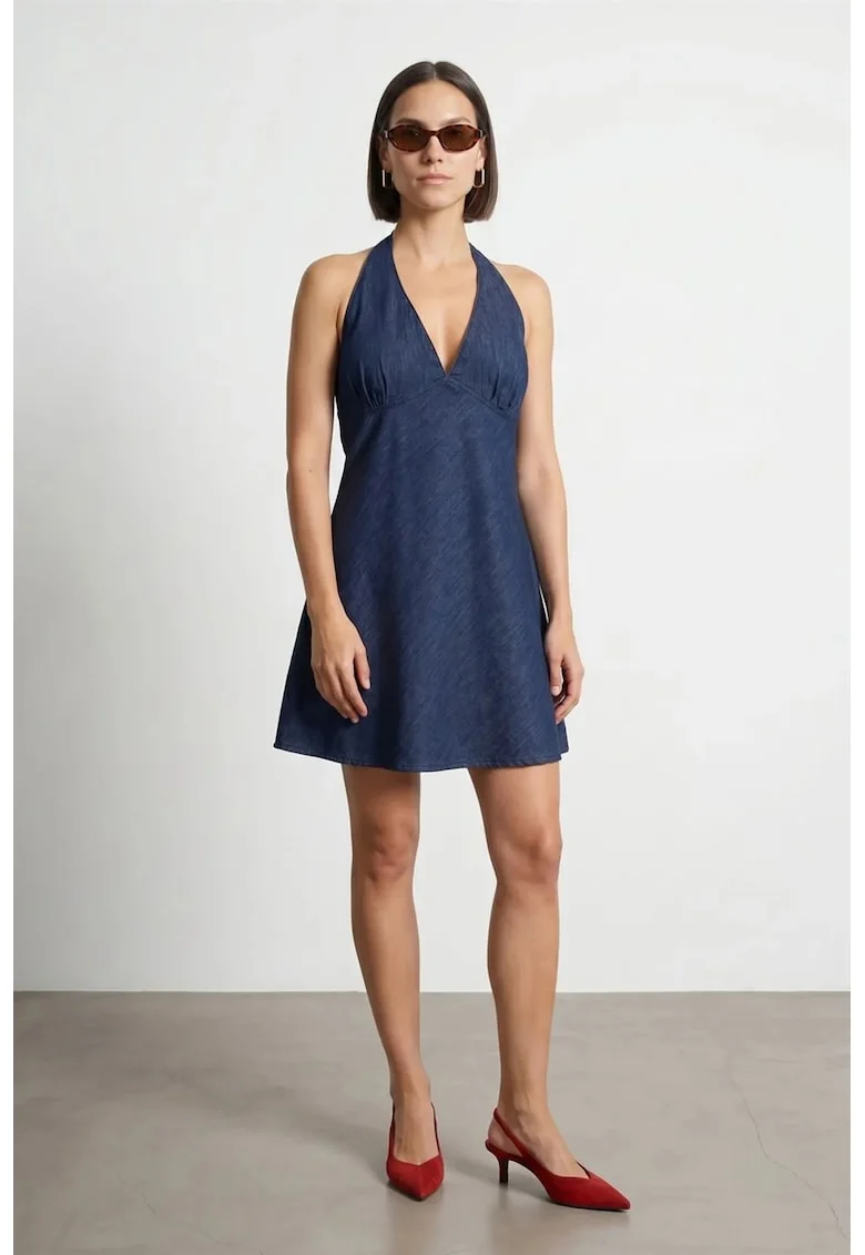 Rochie Mini,  Denim Albastru Mediu, Casual, Guler Halter, 100% Bumbac