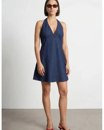 Rochie Mini,  Denim Albastru Mediu, Casual, Guler Halter, 100% Bumbac