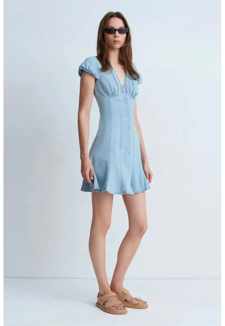 Rochie mini,  A-line, decolteu in V, denim albastru deschis, bumbac