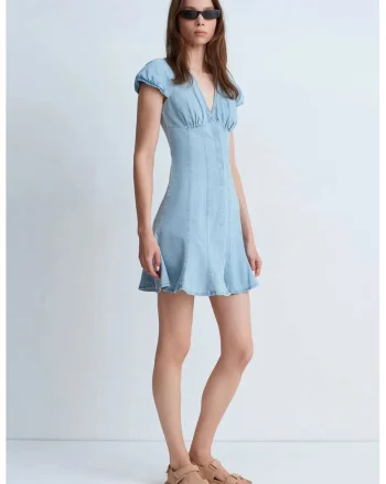 Rochie mini,  A-line, decolteu in V, denim albastru deschis, bumbac