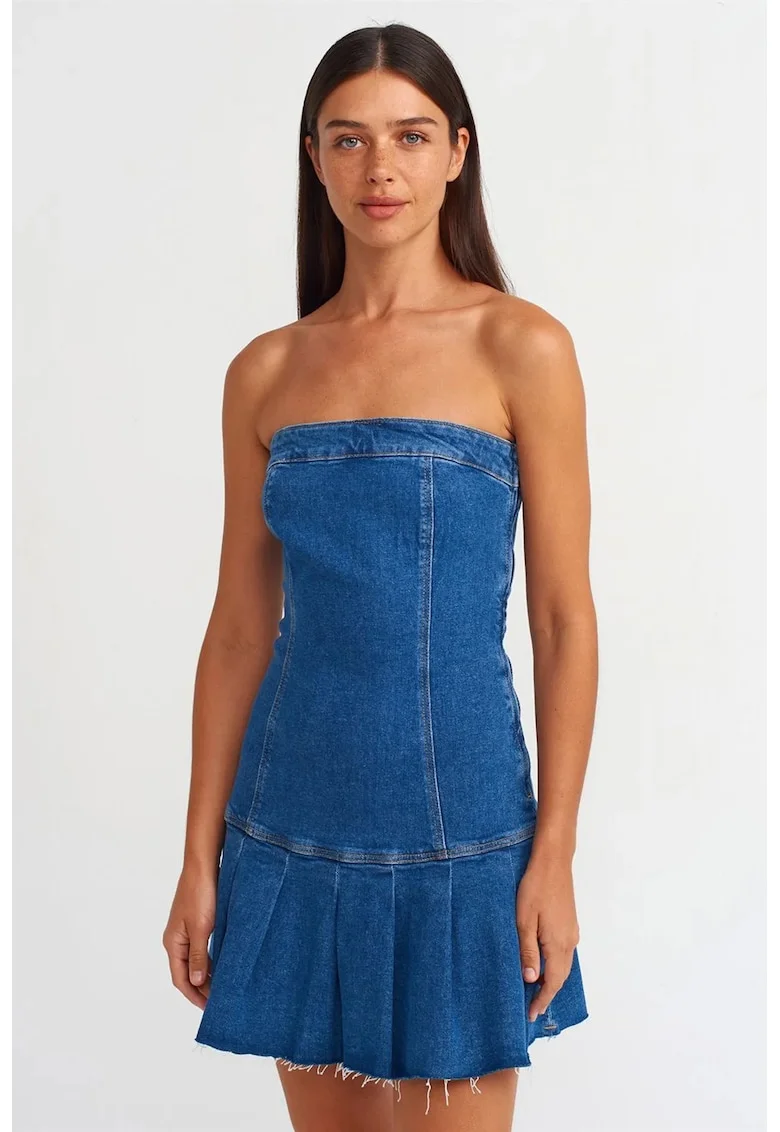 Rochie Mini,  Denim Stramt, Albastru Mediu, Fara Bretele, Volanase