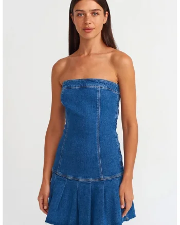Rochie Mini,  Denim Stramt, Albastru Mediu, Fara Bretele, Volanase