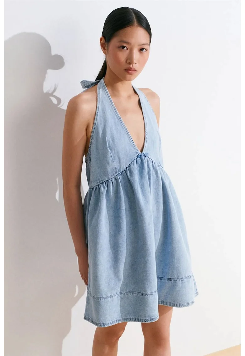 Rochie Mini,  Denim Albastru Deschis-Mediu, Casual, Guler Halter, 100% Bumbac