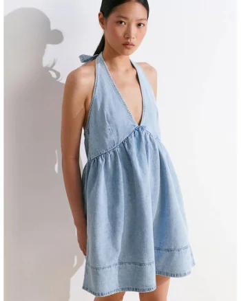 Rochie Mini,  Denim Albastru Deschis-Mediu, Casual, Guler Halter, 100% Bumbac