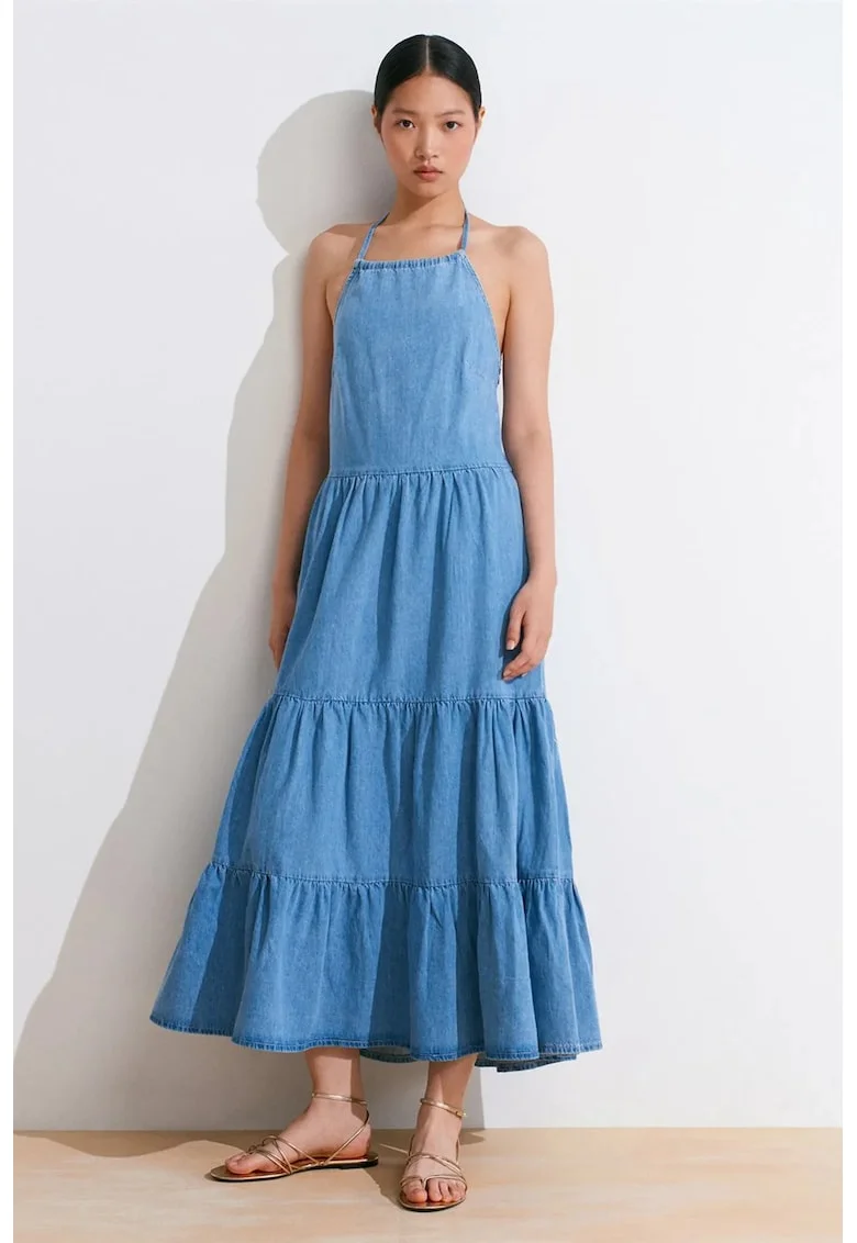 Rochie Midi,  Denim Albastru Deschis-Mediu, Casual, Halter, 100% Bumbac
