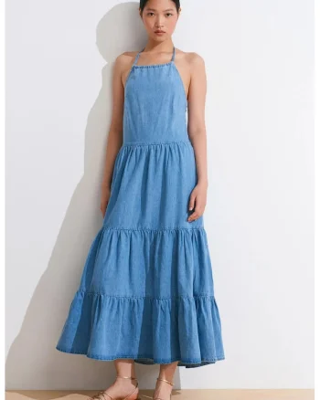 Rochie Midi,  Denim Albastru Deschis-Mediu, Casual, Halter, 100% Bumbac