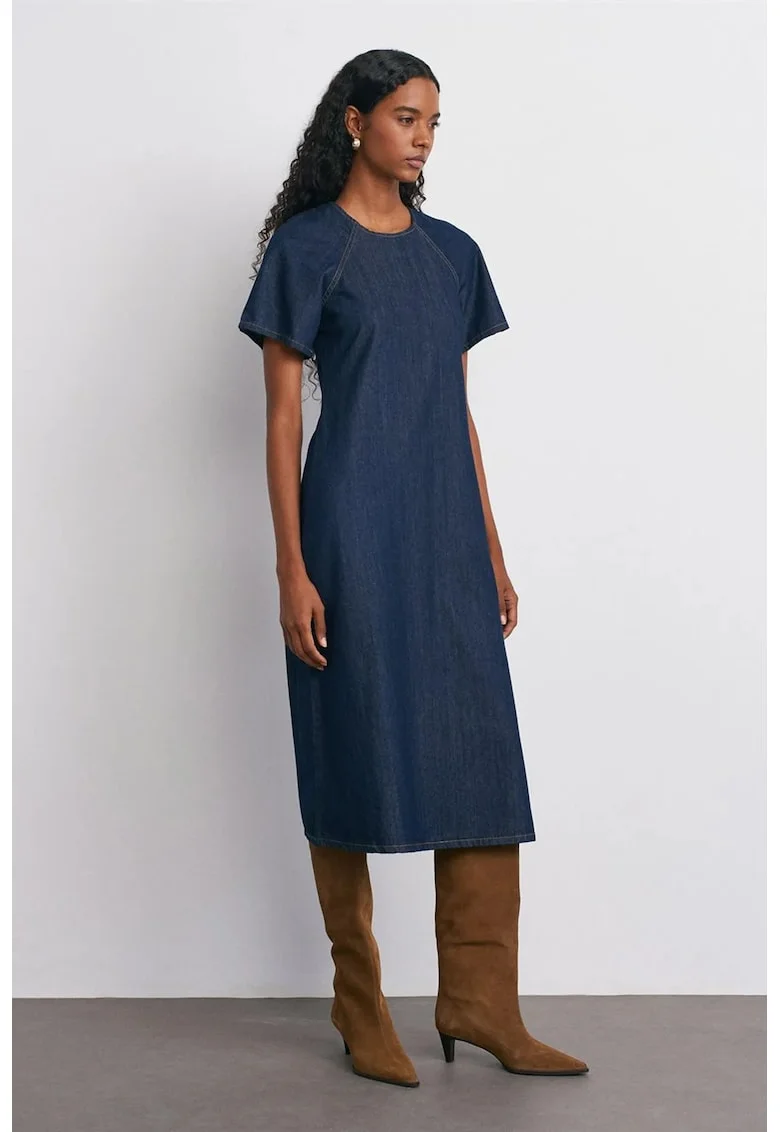 Rochie Midi,  Denim Albastru Inchis, Casual, 100% Bumbac