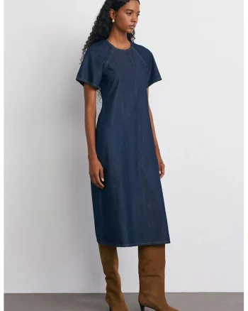 Rochie Midi,  Denim Albastru Inchis, Casual, 100% Bumbac