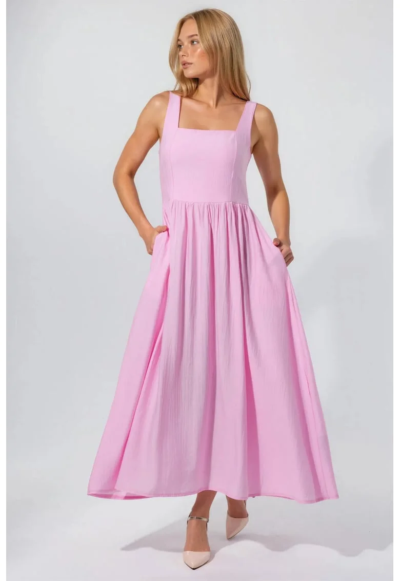 Rochie Midi  Roz Pudra, Casual, Guler Patrat, 100% Poliester