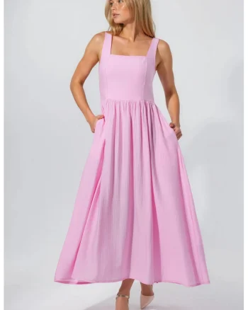 Rochie Midi  Roz Pudra, Casual, Guler Patrat, 100% Poliester