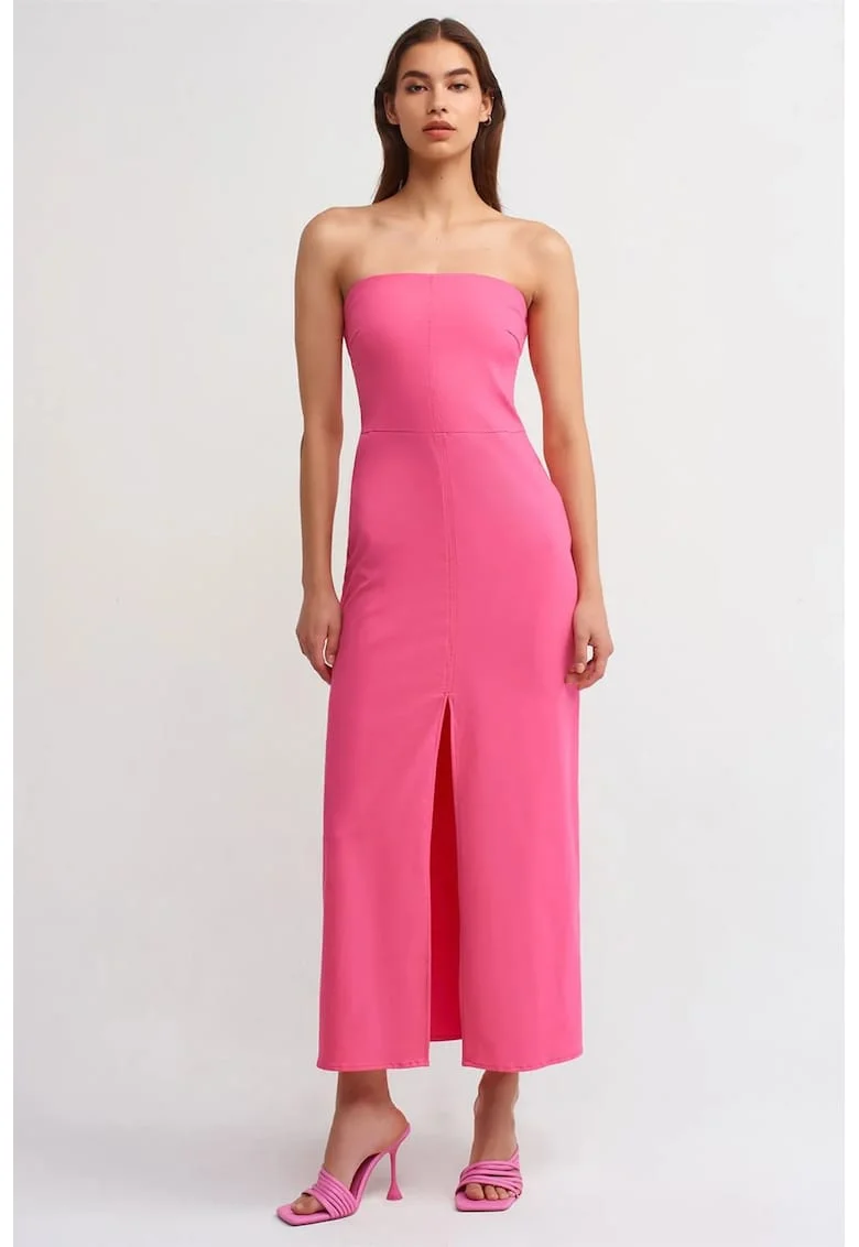 Rochie Midi Femei  Roz Intens, Eleganta, Fara Bretele, Cu Slit, Bumbac