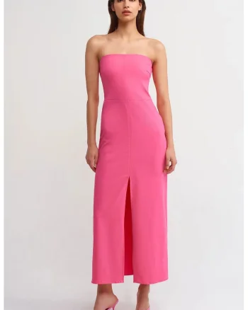 Rochie Midi Femei  Roz Intens, Eleganta, Fara Bretele, Cu Slit, Bumbac