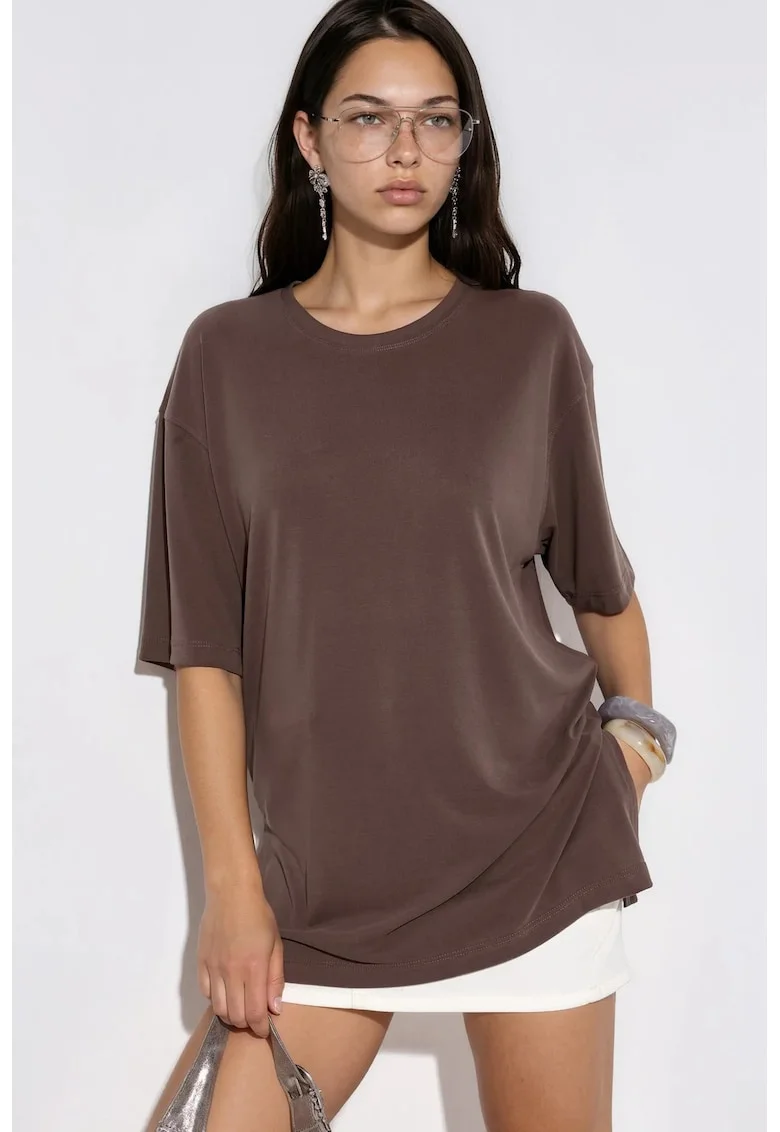 Tricou dama,  tricou cu guler rotund, maneca scurta, maro mocha, 80% modal, 20% poliester