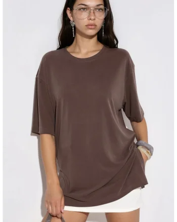 Tricou dama,  tricou cu guler rotund, maneca scurta, maro mocha, 80% modal, 20% poliester
