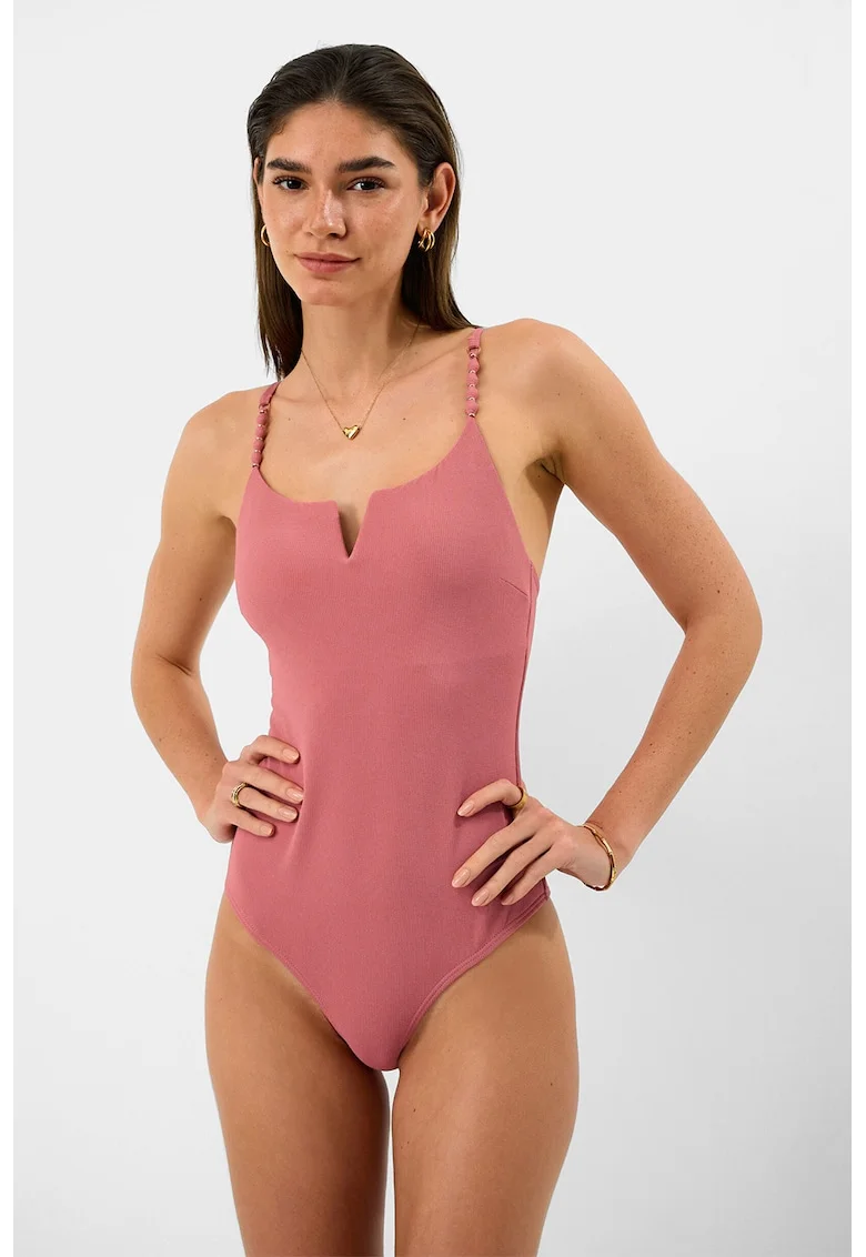 Costum de baie intreg cu aspect texturat, Roz somon