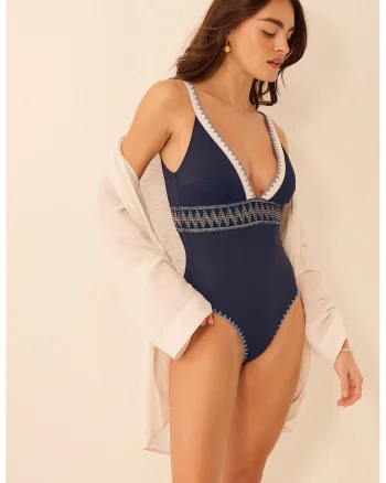 Costum de baie intreg cu broderie, Alb/Bleumarin