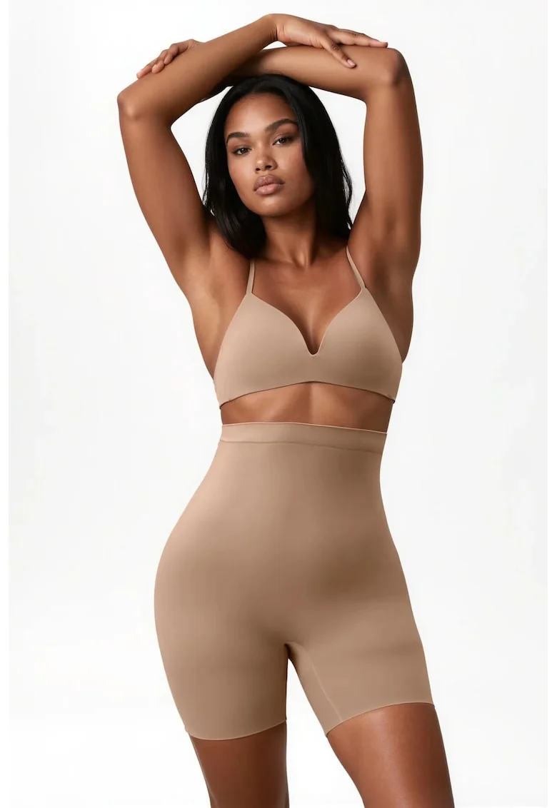 Lenjerie modelatoare,  pantaloni scurti fara cusaturi, talie inalta, natural, nailon-elastan
