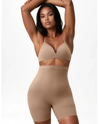 Lenjerie modelatoare,  pantaloni scurti fara cusaturi, talie inalta, natural, nailon-elastan