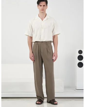 Pantaloni barbati,  plisati, talie modal - 654987, Verde/Maro deschis