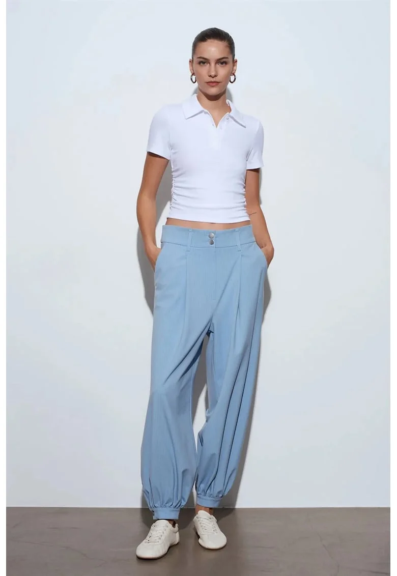 Pantaloni dama,  talie inalta, croiala larga, albastru poliester-viscoza-elastan, Albastru deschis