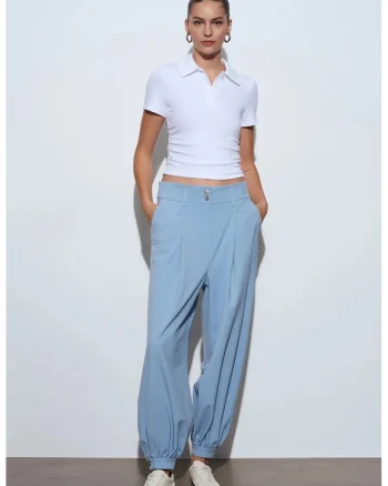 Pantaloni dama,  talie inalta, croiala larga, albastru poliester-viscoza-elastan, Albastru deschis