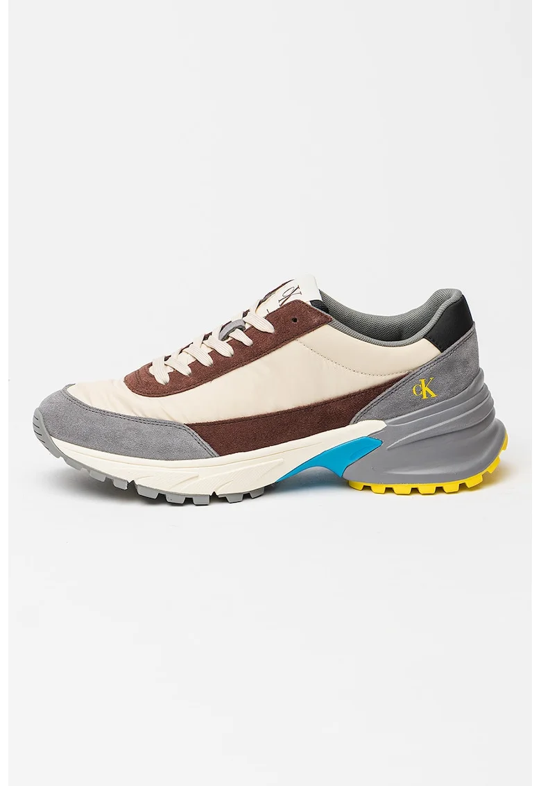 Pantofi sport cu insertii din piele intoarsa, pentru alergare Hike, Maro inchis/Gri inchis/Bej deschis