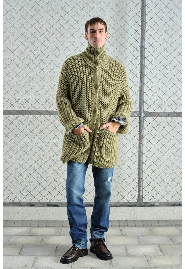 Cardigan barbati,  tricotat cu nervuri, verde, 100% bumbac, cu buton