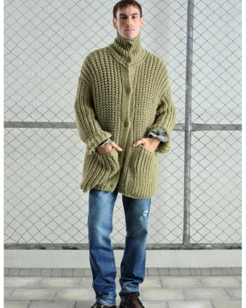 Cardigan barbati,  tricotat cu nervuri, verde, 100% bumbac, cu buton