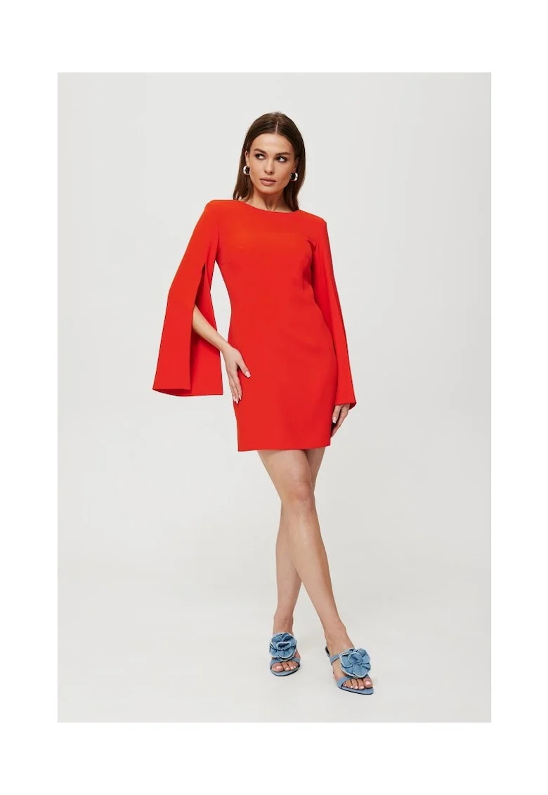 Rochie dama, cu maneci cu croiala, Poliester, Negru, Coral