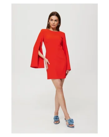 Rochie dama, cu maneci cu croiala, Poliester, Negru, Coral