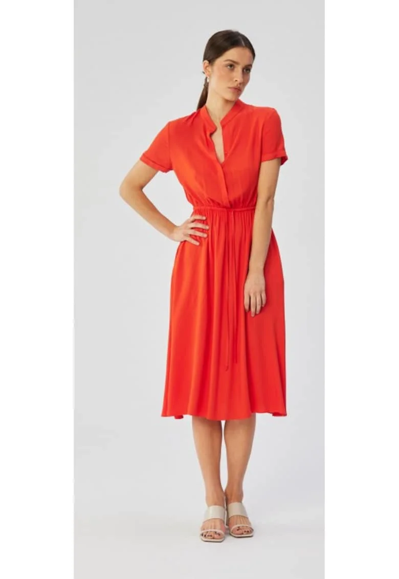 Rochie dama, cu guler inalt si cravata in talie, Poliester, 76454, Coral