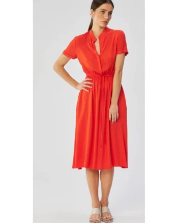 Rochie dama, cu guler inalt si cravata in talie, Poliester, 76454, Coral
