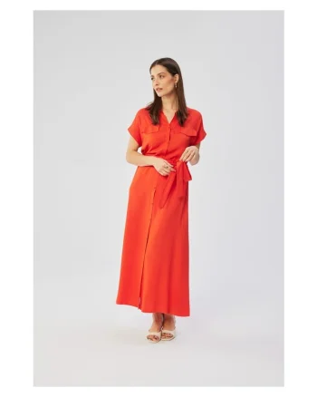 Rochie dama, maxi cu maneci scurte si maneci deschise, Poliester, Portocaliu, Coral