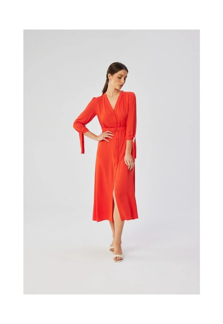 Rochie dama, midi cu mansete legate, Poliester, 54875, Coral