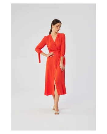 Rochie dama, midi cu mansete legate, Poliester, 54875, Coral