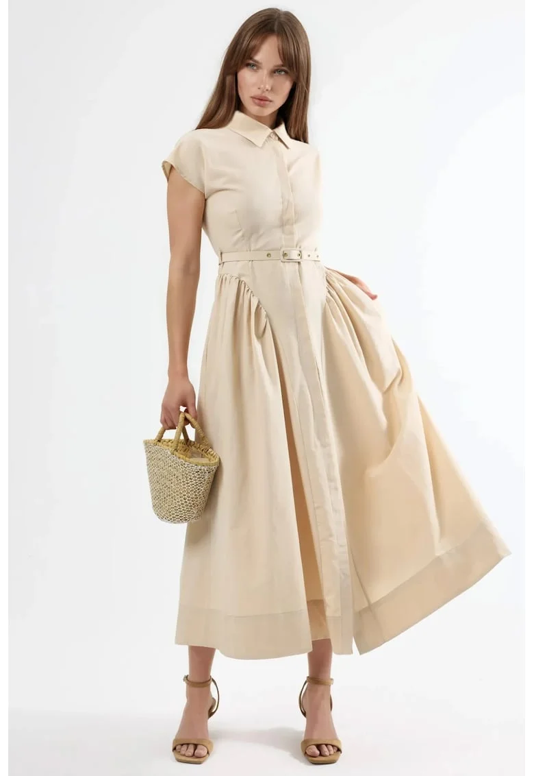 Rochie midi  cu cordon, guler tip camasa, bej, bumbac si poliester