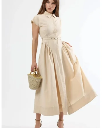 Rochie midi  cu cordon, guler tip camasa, bej, bumbac si poliester