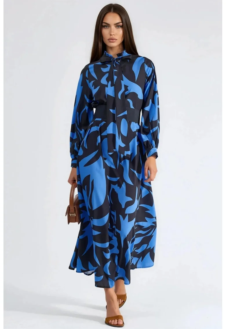 Rochie maxi,  guler tip camasa, Negru/Albastru