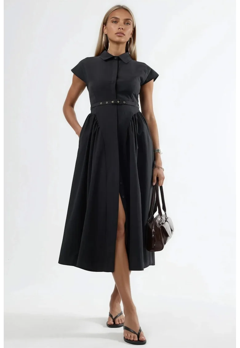 Rochie midi  cu cordon, guler, Negru