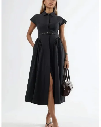Rochie midi  cu cordon, guler, Negru