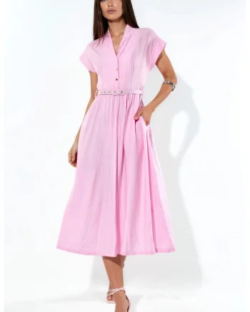 Rochie Maxi  casual, roz pudra, cu cordon, 100% poliester