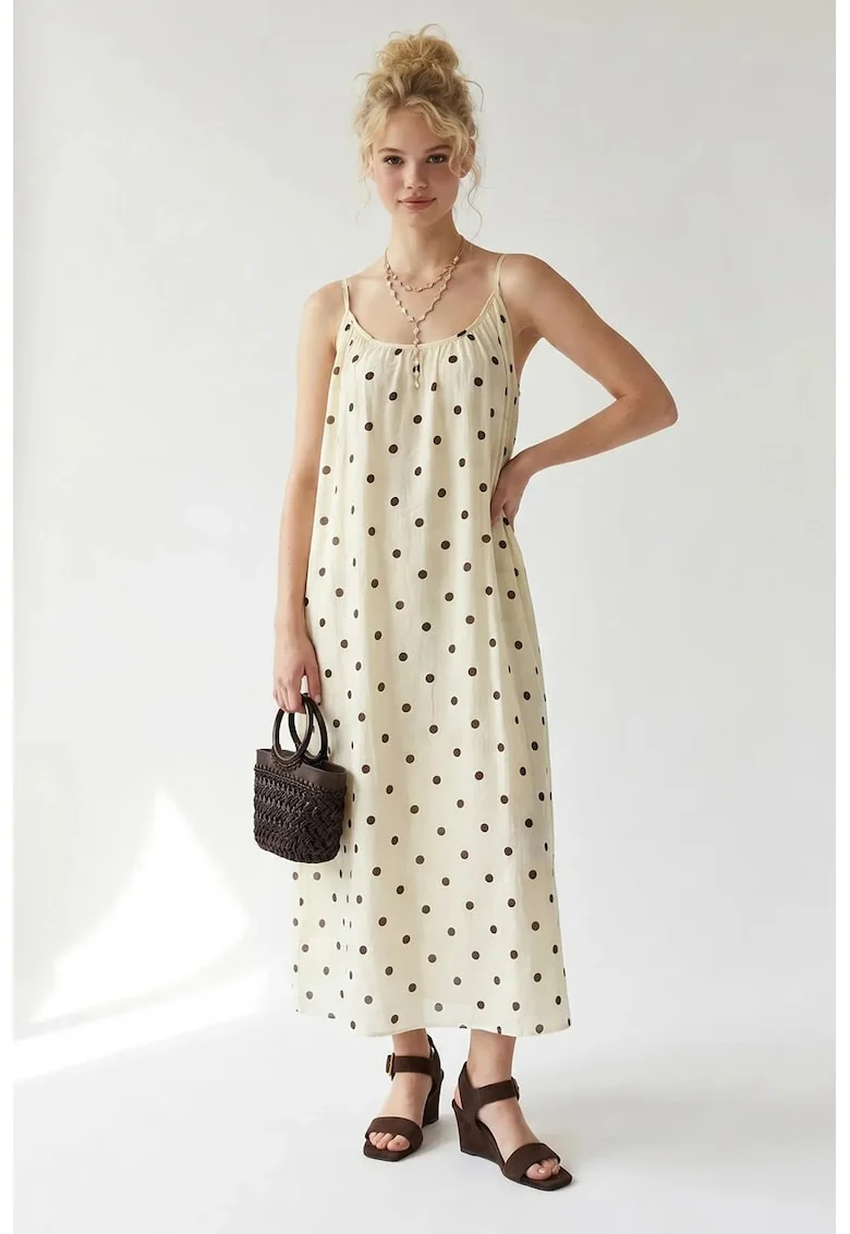 Rochie Maxi  Casual, cu buline, Crem Natural, Captusita