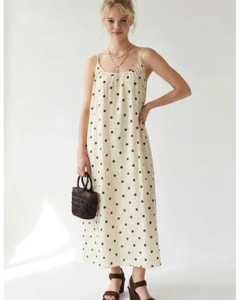 Rochie Maxi  Casual, cu buline, Crem Natural, Captusita