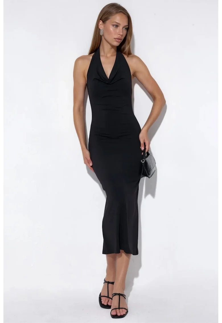 Rochie Maxi  Neagra, Jerseu de Lycra, Fara Maneci, Drapaj