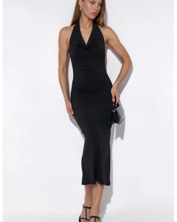 Rochie Maxi  Neagra, Jerseu de Lycra, Fara Maneci, Drapaj
